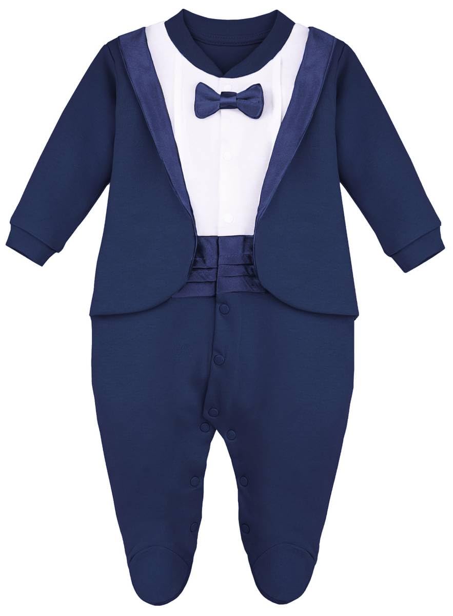 Lilax Baby Boy Gentleman Tuxedo Footie Christmas Holiday Outfit With Bow Tie 6M Navy