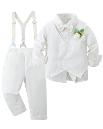 Yallet Toddler Baby Boy Clothes Suit Gentleman Wedding Outfits, Formal Dress Shirt+Bowtie+Vest+Boutonniere+Suspender Pants(V Pur
