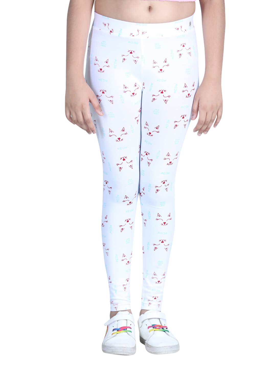 StyleStone Girls Meow Printed Leggings with Flat Waistband White (7048WhtMeow78)