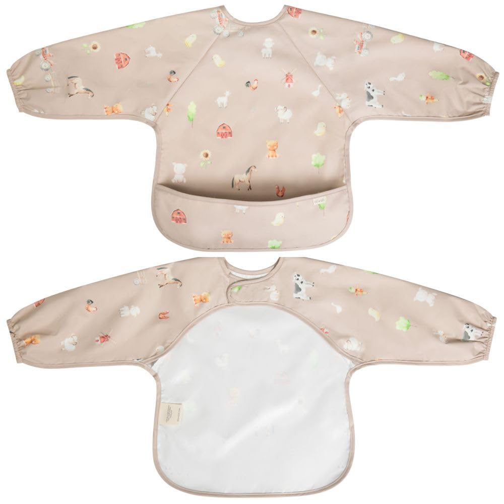 Ali+Oli Smock Bib for Baby (1-pc) Long Sleeve (Farm) BPA-Free Oeko-Tex Certified, Mess Proof Baby Bib for Eating, Waterproof Bab