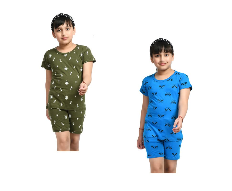 IndiWeaves Girls Cotton Printed Night Suits Tshirts and Shorts Set Summer (Pack of 2) Dark Green::Blue