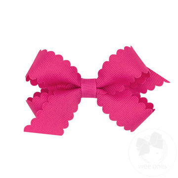 Wee Ones Girls' Classic Grosgrain Hair Bow with Scalloped Edges, No-Slip Hair Clip, Handmade, Shocking Pink, Mini