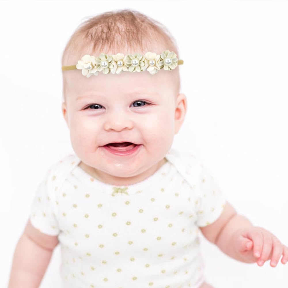 Cinaci 5 Pieces Super Stretchy Soft Baby Girl Nylon Flower Headbands Baptism Christening Floral Tiaras Crowns Hairbands Hair Acc