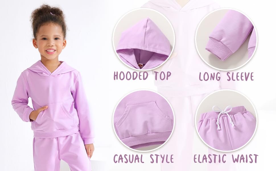 Happy Town Toddler Fall Outfits For Girl Boy Long Sleeve Hoodie Top And Long Sweatpants Set Toddler Sweatsuit (Solid Color-Lilac