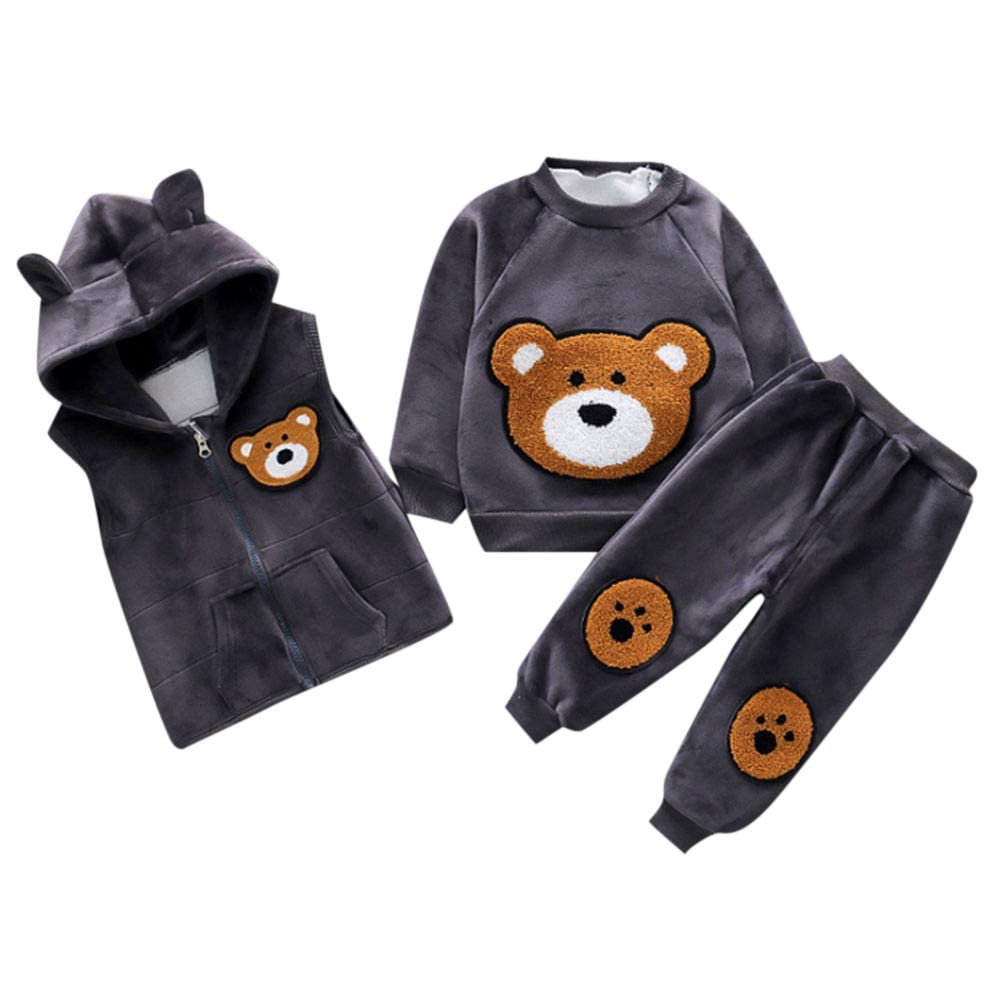 Bold N Elegant Cute Cartoon Bear Graphics Winter Warm Sweatshirt Hood Jacket and Jogger Pant 3 Pc Layering Clothing Set for Infa