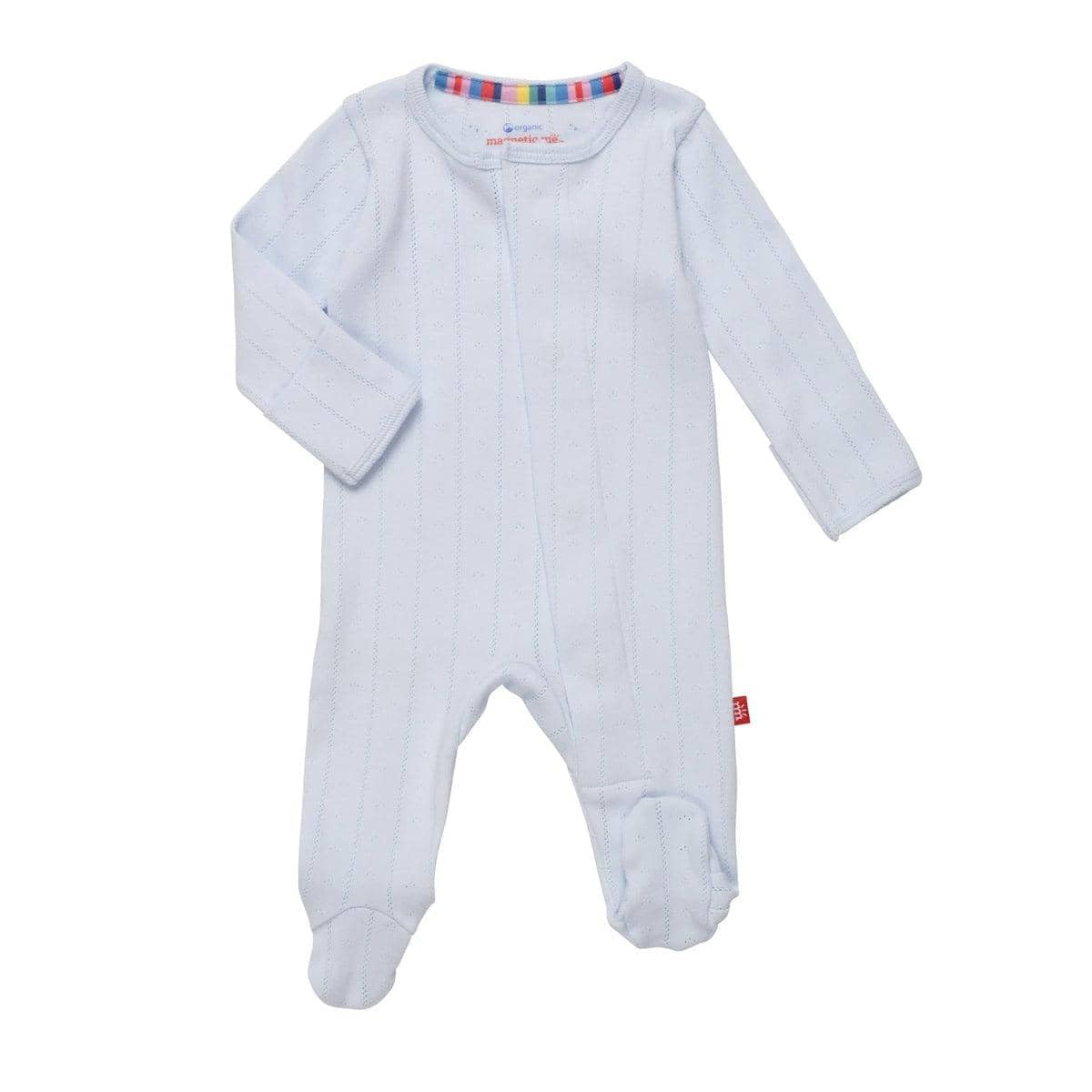 Magnetic Me 100% Organic Cotton Magnetic Baby Footie Pajamas | Super Soft Cotton Fabric | Love Lines Blue Pointelle | 6-9 Months