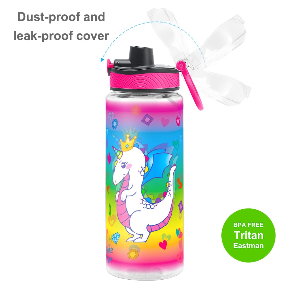 Homtune Cute Water Bottle For School Kids Girls, Bpa Free Tritan & Leak Proof & Easy Clean & Carry Handle, 23Oz/ 680Ml (Dragon)