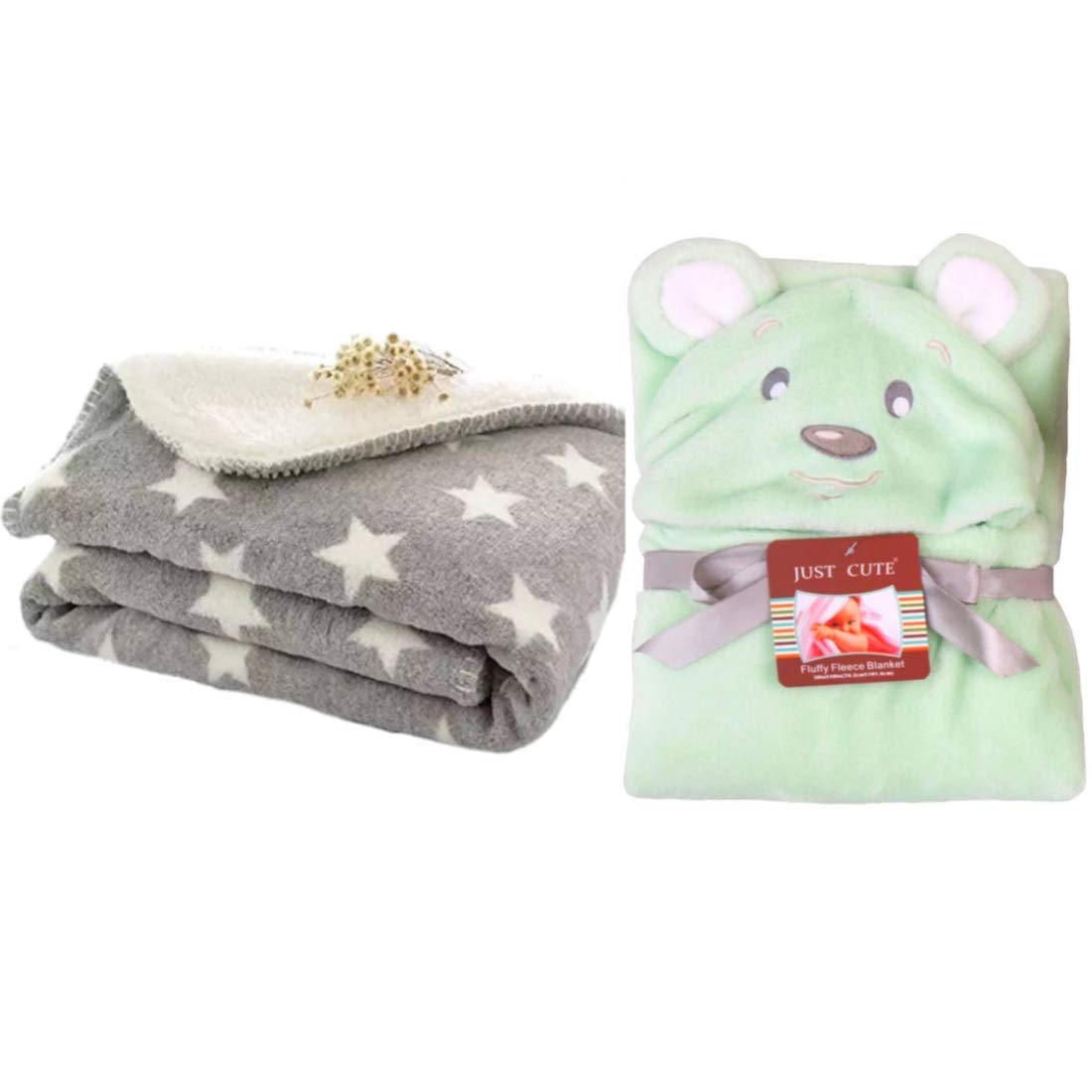 BRANDONN All Season Supersoft Hooded and Printed Baby Blanket and Baby Bath Towel Pack of 2