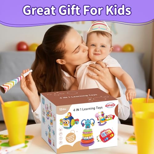 4 in 1 Baby Toy for 6 12 18 Month, Learning Toys for Babies 6-12 Months, Baby Busy Cube Toys, Stacking Toys, Unicorn Pull String