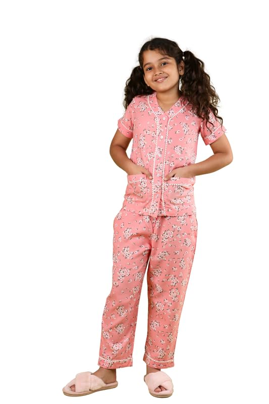 Tweeny Mini Kids Night Dress for Girls | Pure Rayon Night Suit for Girls | Half Sleeve Shirt with Pyjama Set | Floral Night Wear