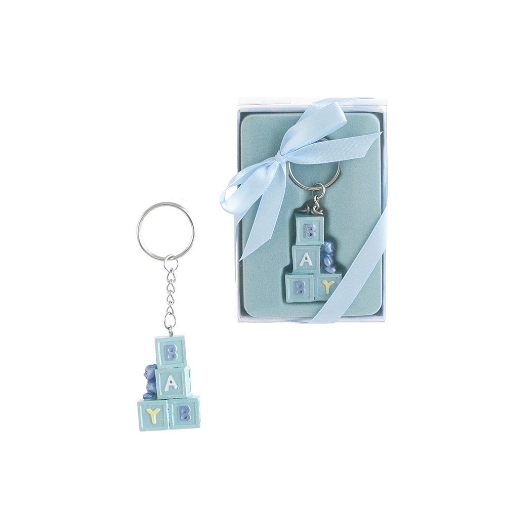 Lunaura Baby Keepsake - Set Of 12 'Boy' Teddy Bear Sitting On Baby Blocks Key Chain Favors - Blue