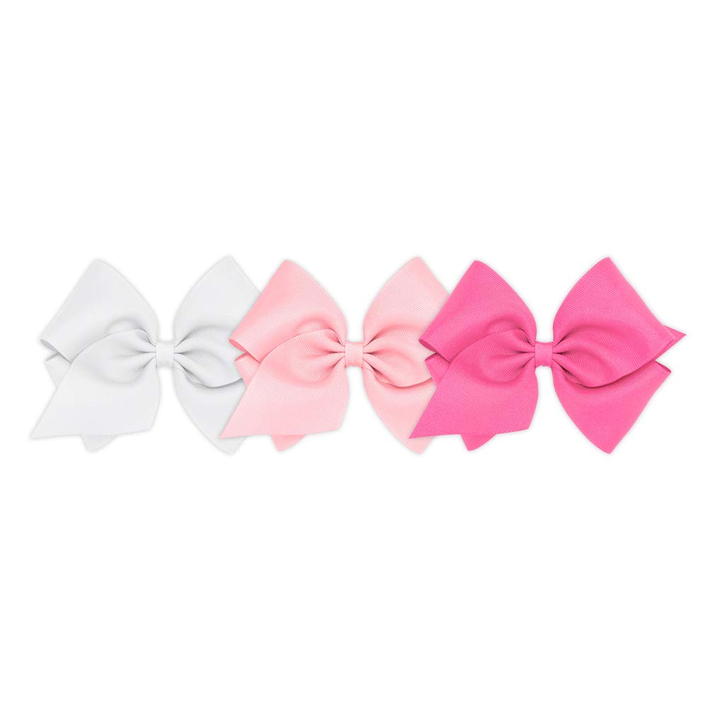 Wee Ones Girls' Mini King Bow 3 Pc Set Solid Grosgrain Variety Pack On A Weestay No-Slip Hair Clip - White, Light Pink And Hot P