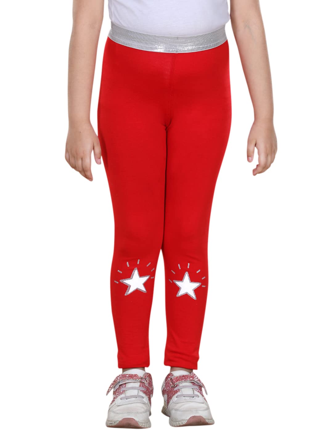 StyleStone Girls Silver Elasticated Waistband & Star Printed Red Leggings (7002RedStarLgg910)