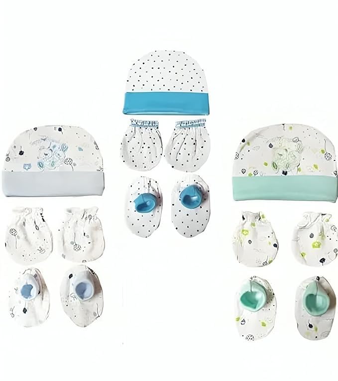 4Newbies Cotton Newborn Baby Cap, Mitten And Bootie Set, Assorted Colours, 06 Months, Pack Of 3