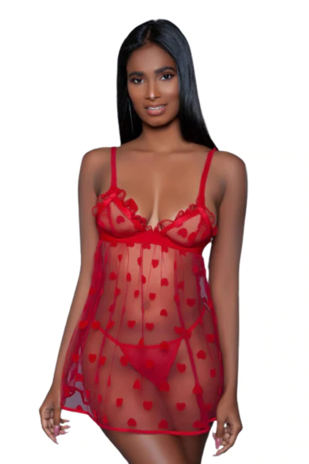 Plus Size Valentine Mesh Babydoll Set Red 2X