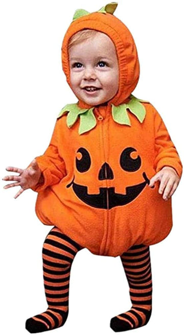 Oneflow Infant Toddler Baby Girls Boys Halloween Pumpkin Costumes Cute Hooded Romper Top Leggings Pants Outfit Clothes Set (18-2