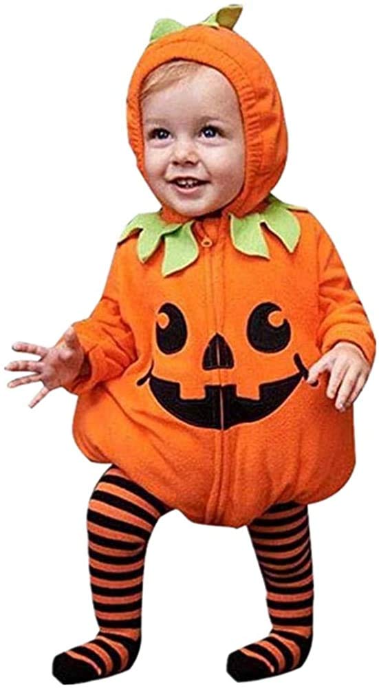 Oneflow Infant Toddler Baby Girls Boys Halloween Pumpkin Costumes Cute Hooded Romper Top Leggings Pants Outfit Clothes Set (12-1