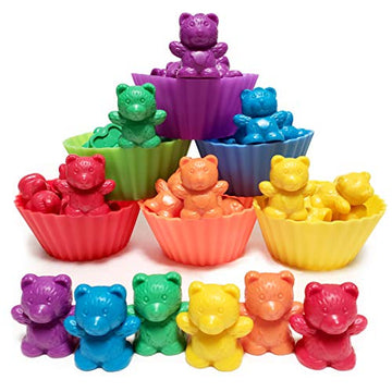 Jumbo Counting Bears with Stacking Cups - Montessori Educational Sorting Rainbow Toys For 3 Year Old Boys and Girls with 48 Pres