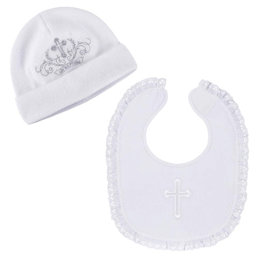 Estamico Baby Girls Christening Bib And Hat With Embroidered Cross Newborn Infant Baptism Outfit Gifts, 6-12 Months