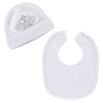 Estamico Baby Girls Christening Bib And Hat With Embroidered Cross Newborn Infant Baptism Outfit Gifts, 6-12 Months