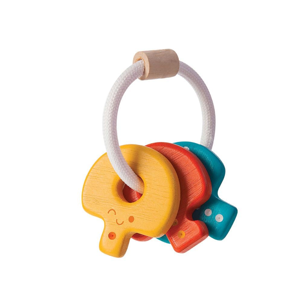 PlanToys Wooden Baby Key Rattle and Teether Early Learning Baby Toy (5217) | Rainbow Color Collection | Sustainably Made from Ru