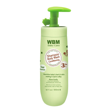 WBM Care 3-in-1 Baby Shampoo, enriched with honey, wheatgerm, and organic olive oil, nourishes baby hair with a gentle, tear-fre