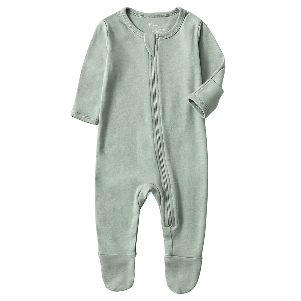 O2 Baby Baby Boys Girls Organic Cotton Zip Front Sleeper Pajamas, Footed Sleep  'N Play(Newborn, Sage)