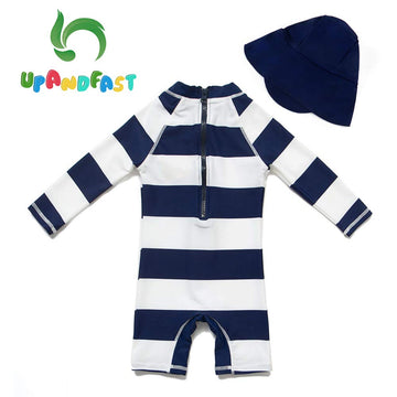 Upandfast Baby/Toddler One Piece Zip Sunsuits With Sun Hat Upf 50+ Sun Protection Infant Beach Swimsuit (Stripe(Ls), 3-6 Months)