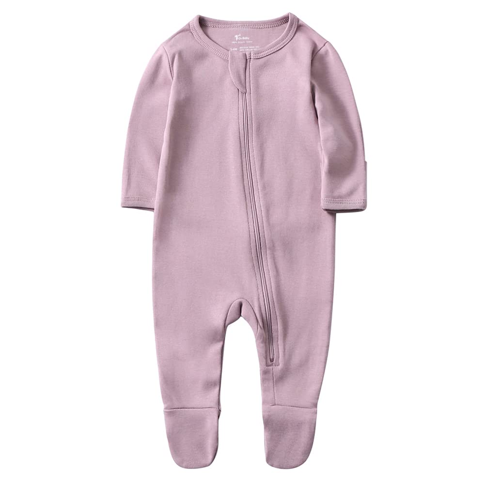 O2 Baby Baby Boys Girls Organic Cotton Zip Front Sleeper Pajamas, Footed Sleep  'N Play(6-12 Months, Mauve)