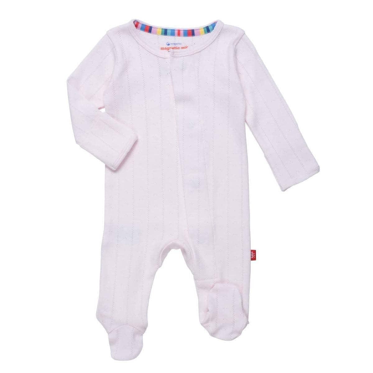 Magnetic Me 100% Organic Cotton Magnetic Baby Footie Pajamas | Super Soft Cotton Fabric | Love Lines Pink Pointelle | 0-3 Months