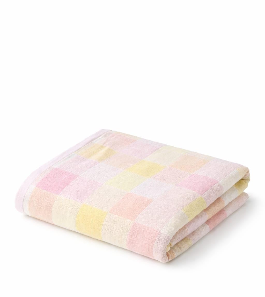 Hi mom Soft Muslin Baby Towel, Pastel Checkered Print, Pink and Yellow (70X140)