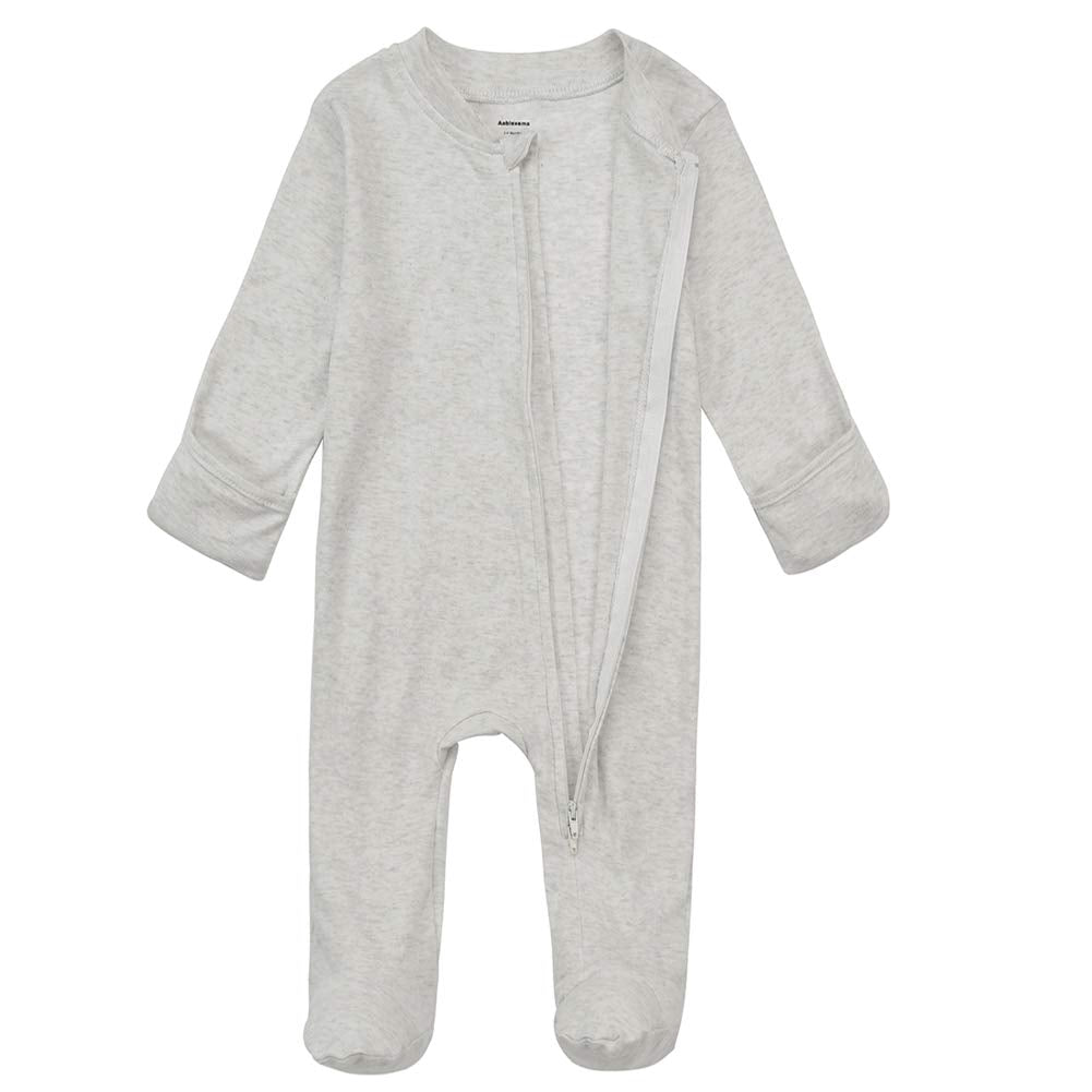 Aablexema Baby Footed Pajamas With Mitten Cuffs - Unisex Newborn Infant 2 Ways Zipper Cotton Footie Pjs(Light Grey,Newborn)
