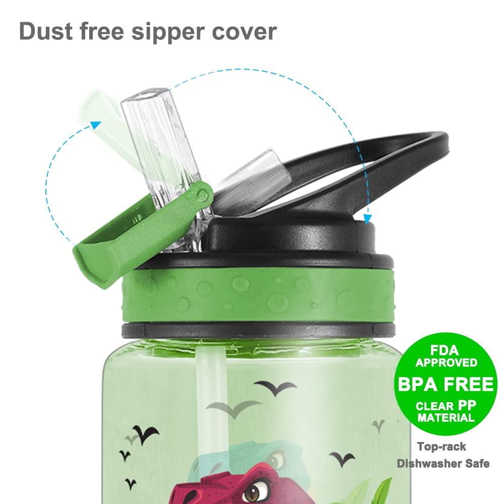 Home Tune Cute Water Bottle For Kids Girls Boys, Bpa Free & Sturdy Print & Leak Proof Flip Straw & Carry Loop & Easy Clean, 15Oz