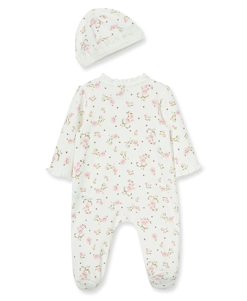 Little Me Baby Clothes & Outfits - Girls One Piece Hat & Footed Sleeper Pajamas - 6 Months, Ivory Rose