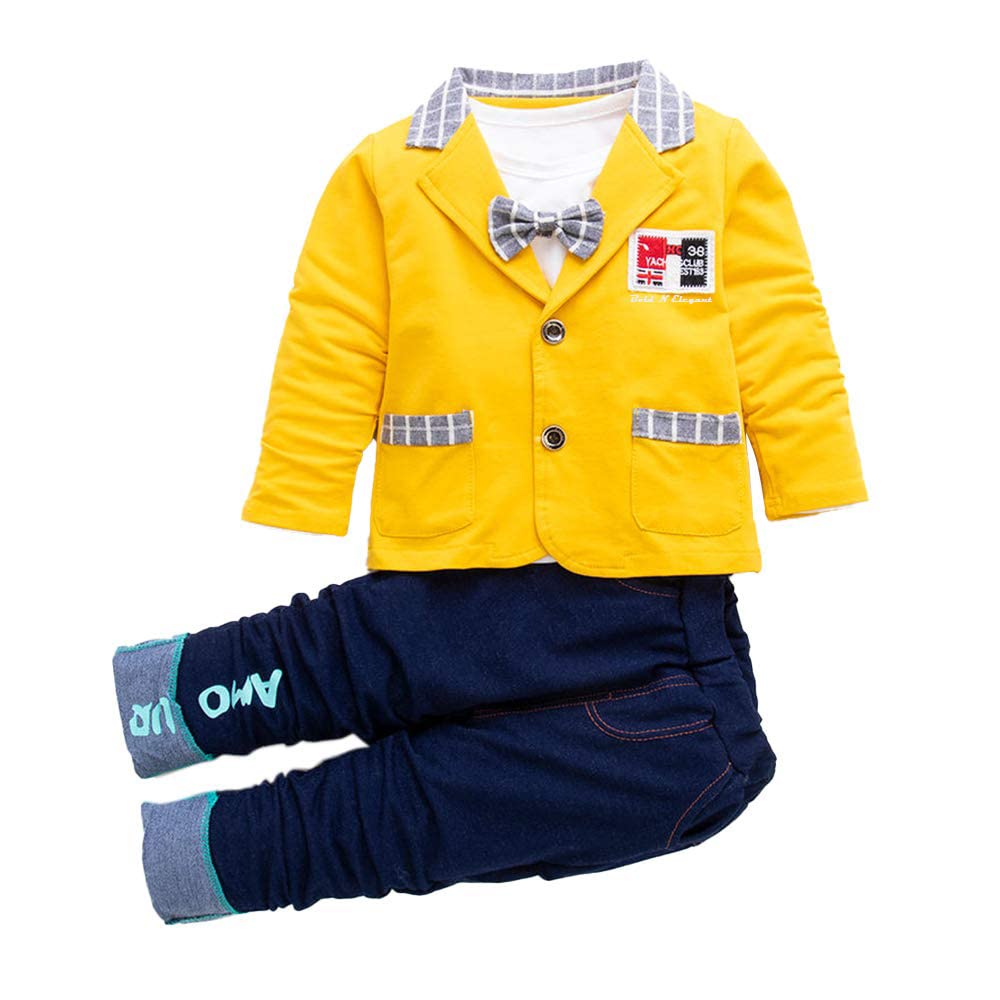 Bold N Elegant Solid Full Sleeve Jacket Coat Blazer With TShirt And Denim Blue Trouser Pant 3 Pc Party Suit Set (Yellow, 612 M