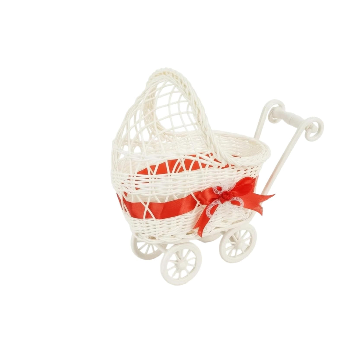 BNFMini Red PVC Woven StrollerShaped Basket, Lightweight Home Decor, RattanLike Design