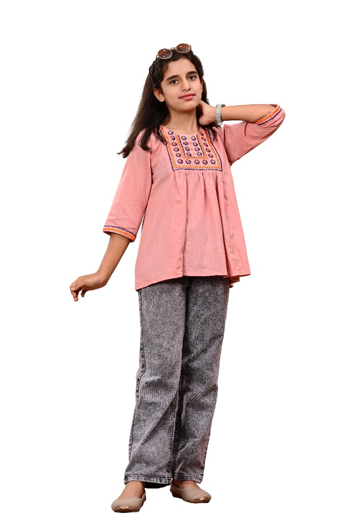 DMP FASHION Girls Classic Embroidery Work Aline Trendy Baby Pink Girls Top