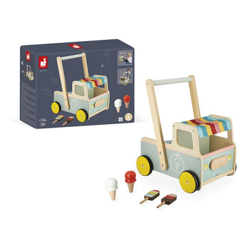 Janod - Janod - Wooden Pull-Along Ice Cream Cart/Trolley - 4 Ice Creams Included - Silent Wheels - Anti-Tip System - FSC-Certifi