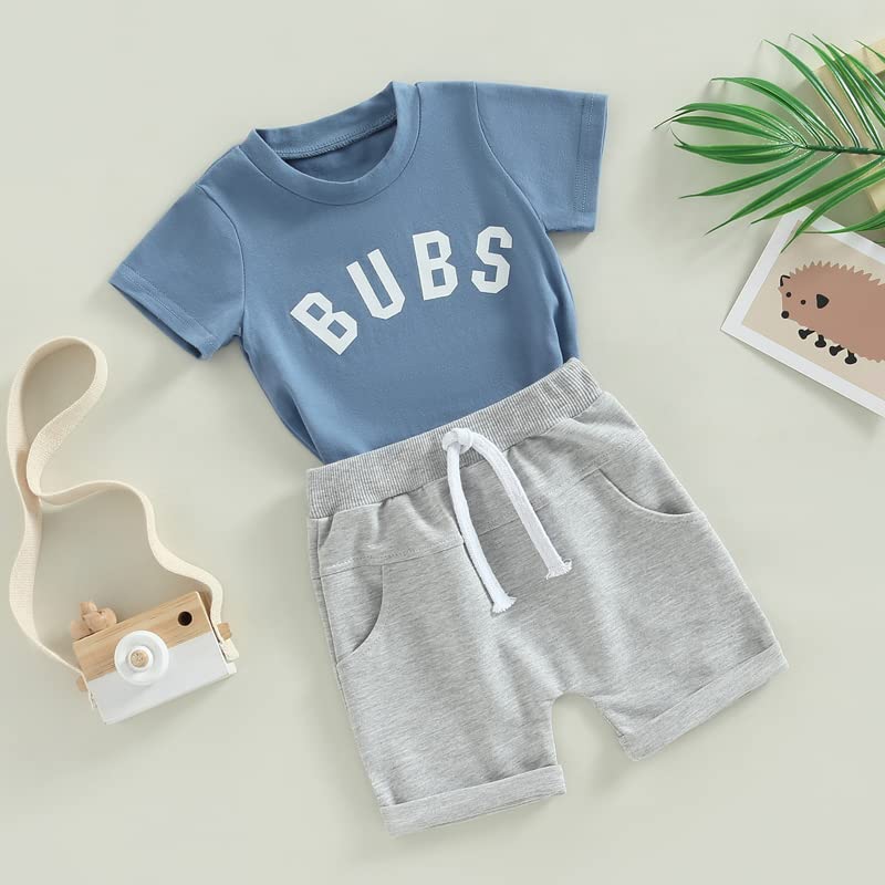 Toddler Baby Boy Clothes Letter Short Sleeve T Shirt Top Boys Shorts With Pocket Cute Summer Outfit 2Pcs Set (A-Blue,6-12 Months
