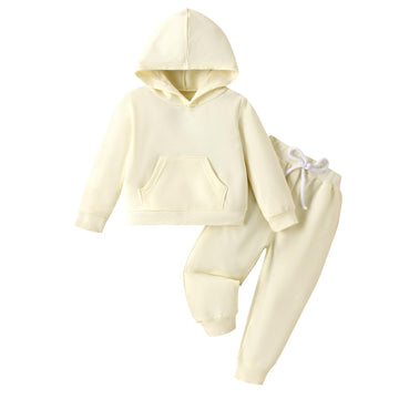 Happy Town Toddler Fall Outfits For Girl Boy Long Sleeve Hoodie Top And Long Sweatpants Set Toddler Sweatsuit (Solid Color-Ivory
