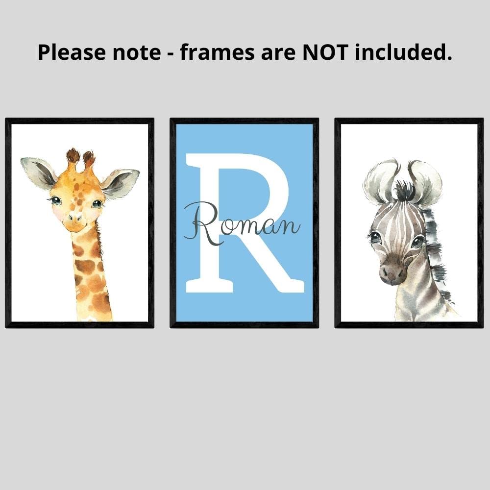 Personalized Safari Animals For Boy Girl Nursery, Set Of 3 Unframed Bedroom Poster Prints, Personalized Name Blue Green Yellow,