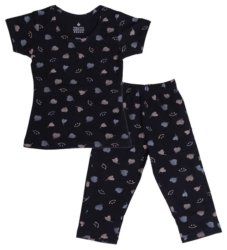 NeuVin Printed Night Suit for Girls Black