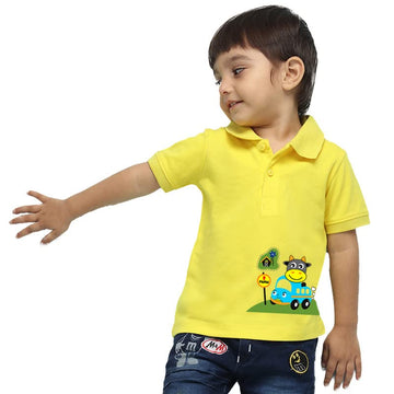 Nusyl Car Printed Bright Yellow Infants Polo TShirt  Nuicpth0163
