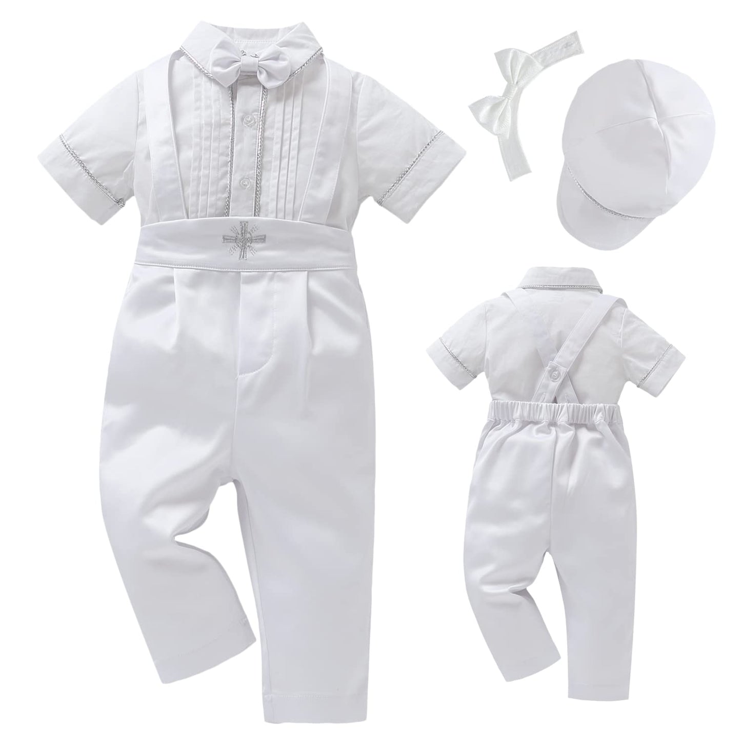 Booulfi Baptism Outfits For Boys Short Sleeve Baby Boys Clothes Summer Gentleman Suits With Dress Shirt Bowtie Suspender Pants H