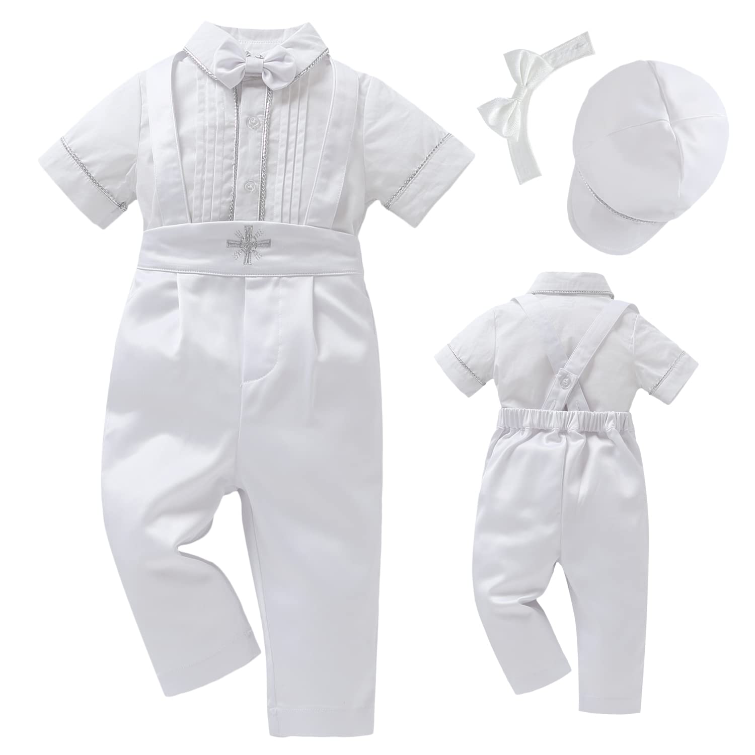 Booulfi Baptism Outfits For Boys Short Sleeve Baby Boys Clothes Summer Gentleman Suits With Dress Shirt Bowtie Suspender Pants H