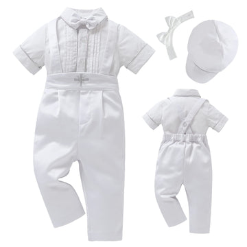 Booulfi Baptism Outfits For Boys Short Sleeve Baby Boys Clothes Summer Gentleman Suits With Dress Shirt Bowtie Suspender Pants H