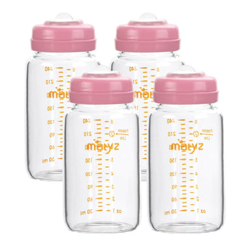 Matyz Glass Breastmilk Storage Containers, 4 Pack, 8 Oz Bottle, Fit With Spectra Medela Philips Avent Pump - Wide Mouth Breastmi
