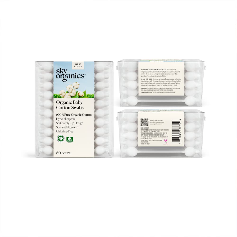 Sky Organics Organic Baby Cotton Swabs For Baby, 100% Pure Organic Cotton, Gots Certified Organic Cotton, 60 Count