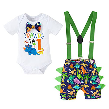 Viworld Baby Boys Cake Smash Clothes Dinosaur Romper Diaper Suspenders Pants 3Pcs Set First Birthday Outfit For Photo Prop Party