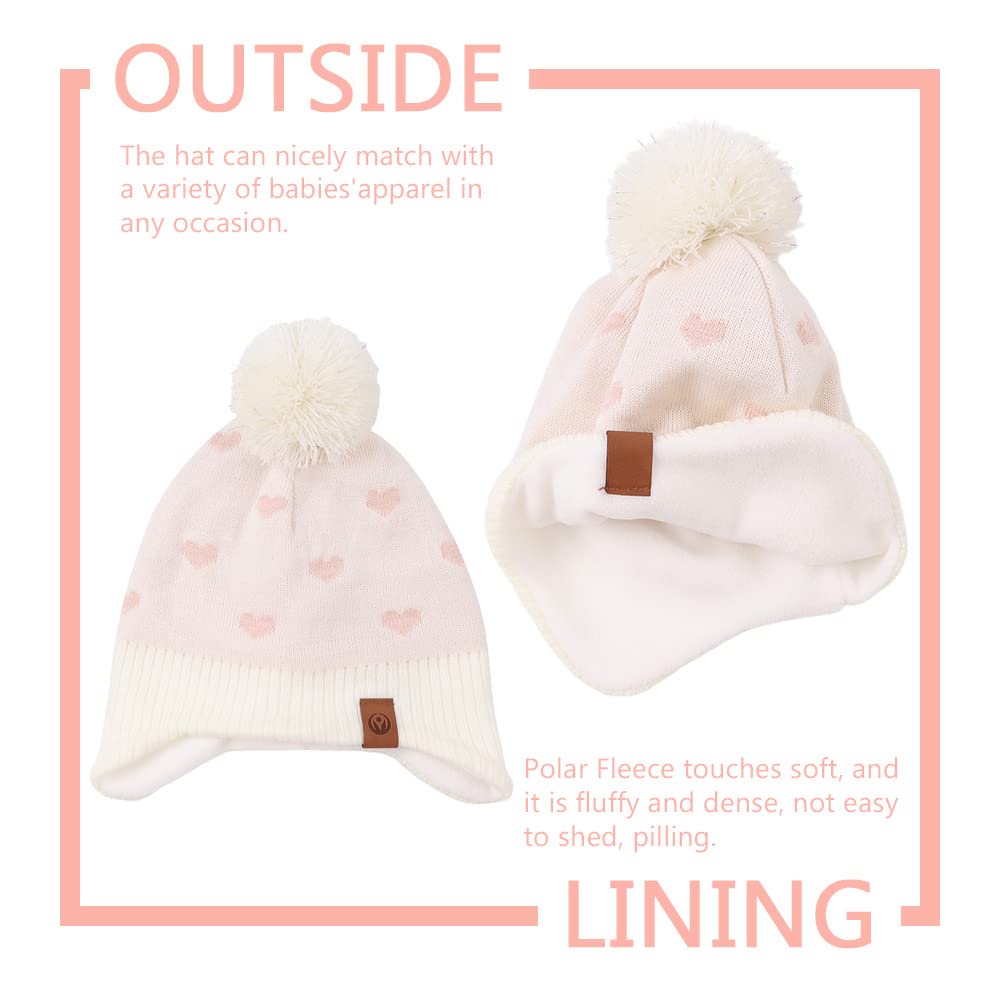 Jangannsa Knitted Baby Hat Scarf Set Winter Warm Boys Girls Beanie Fleece Lining Toddler Kids Hats With Pompom (White Heart Hat,